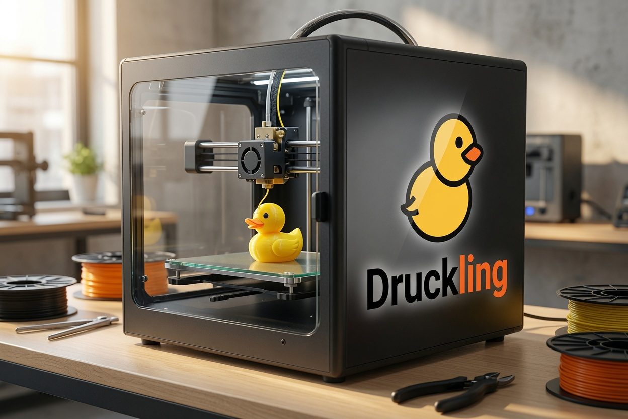 A Druckling 3D printer printing a bright yellow duck, with filament spools in a sunlit workshop