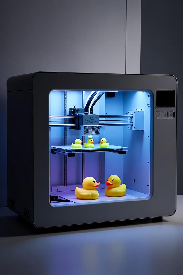 An enclosed 3D printer mid-print, with yellow ducks on the bed